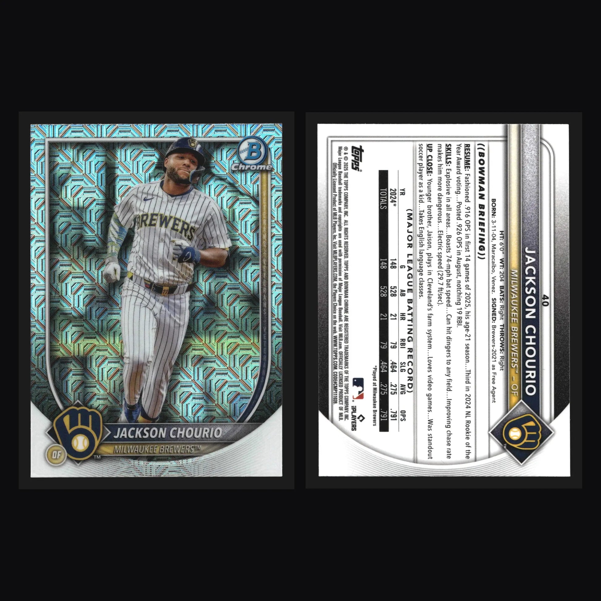 2025 Bowman Chrome #40 Jackson Chourio Mega Box Mojo Refractor Milwaukee Brewers - Baseball Card Single