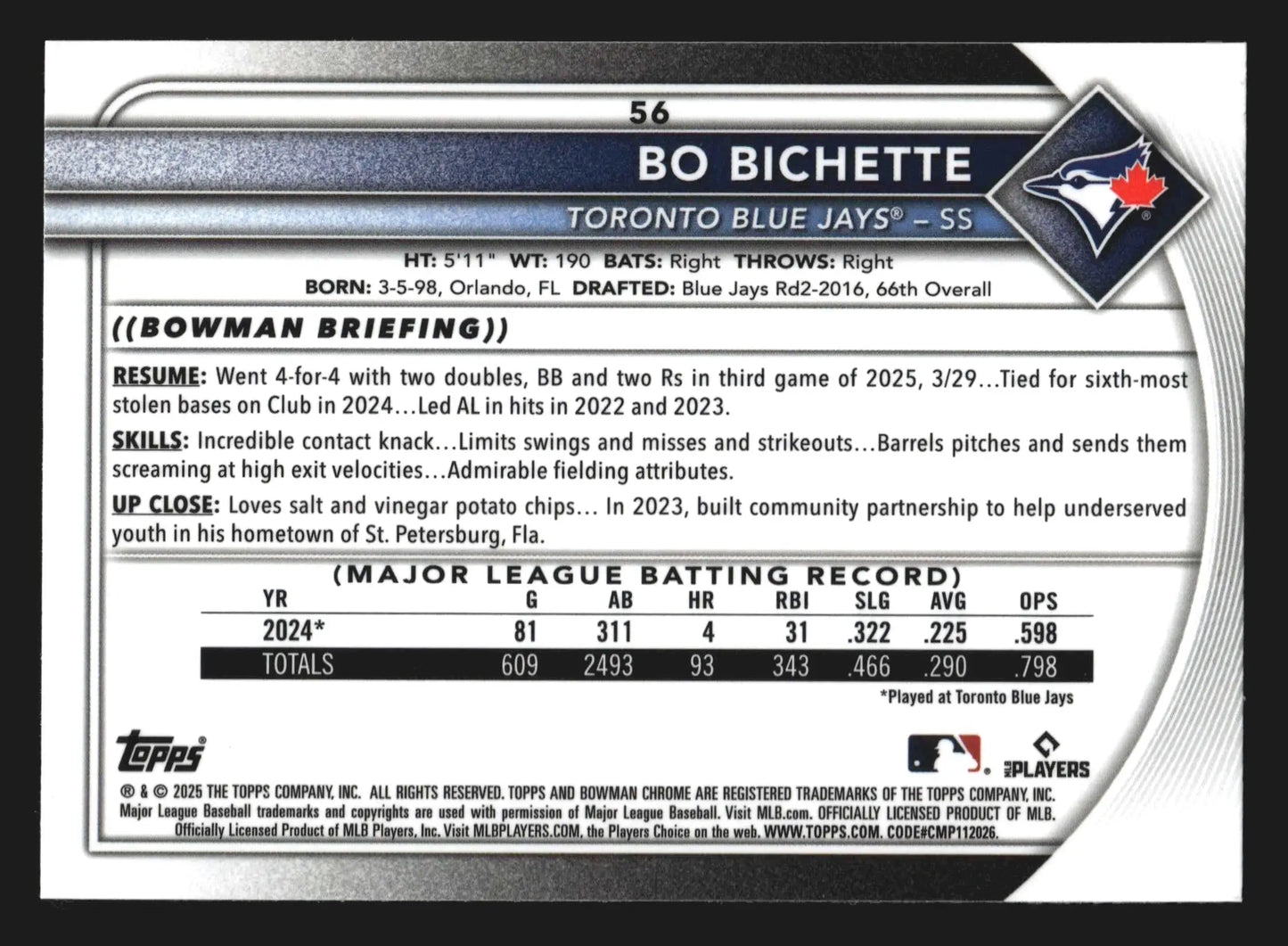 2025 Bowman Chrome #56 Bo Bichette Toronto Blue Jays - Baseball Card Single