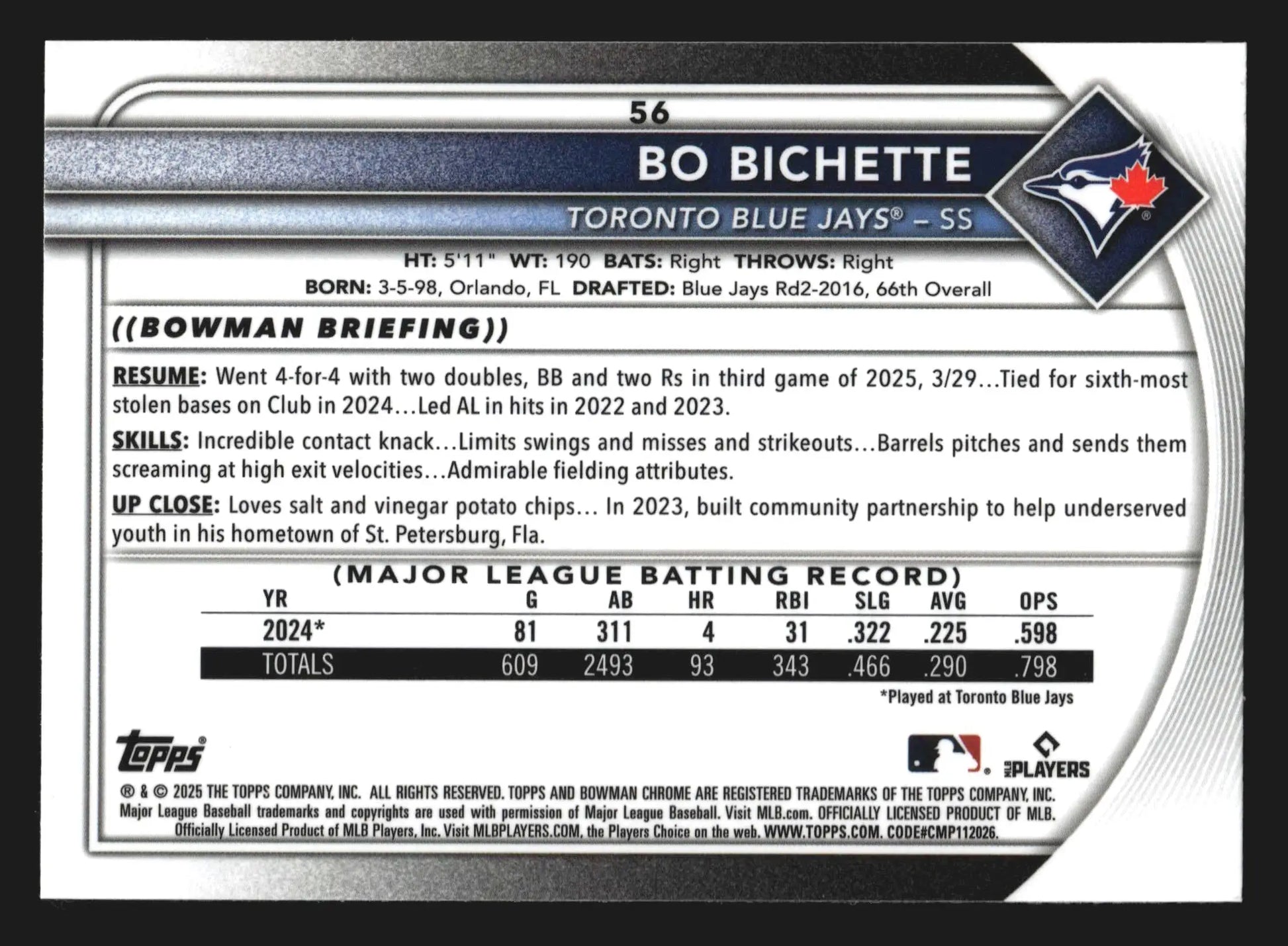 2025 Bowman Chrome #56 Bo Bichette Toronto Blue Jays - Baseball Card Single