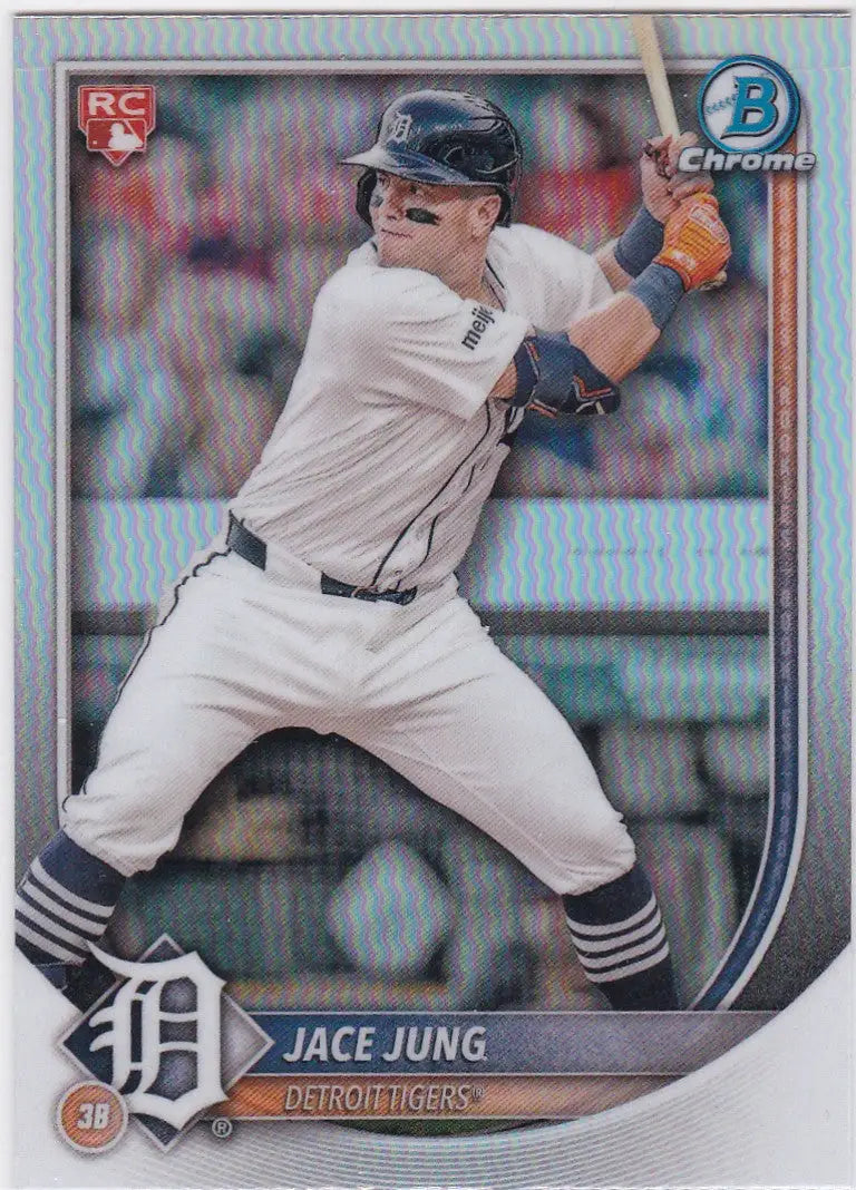 Jace Jung Red baseball card with Red RC Logo Redemption SP Tigers in 2025 Bowman Chrome