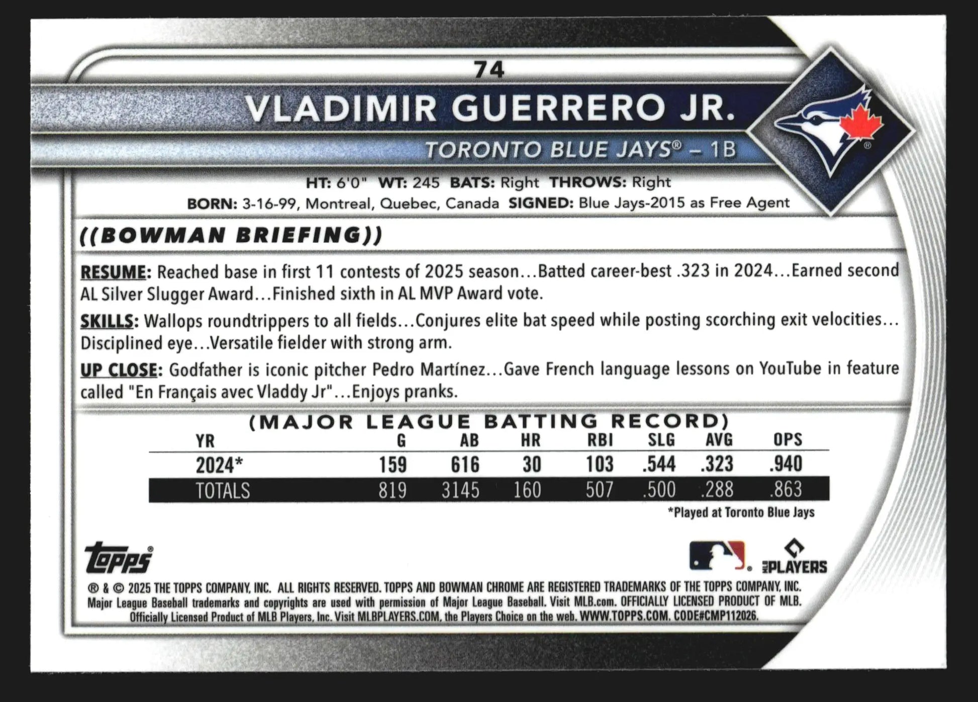 2025 Bowman Chrome #74 Vladimir Guerrero Jr Toronto Blue Jays