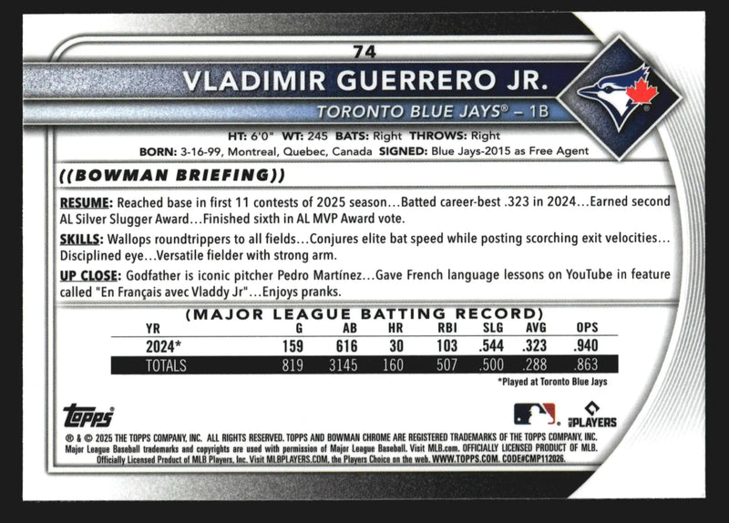 2025 Bowman Chrome #74 Vladimir Guerrero Jr Toronto Blue Jays