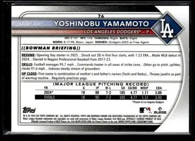 2025 Bowman Chrome #76 Yoshinobu Yamamoto - Baseball Card Single