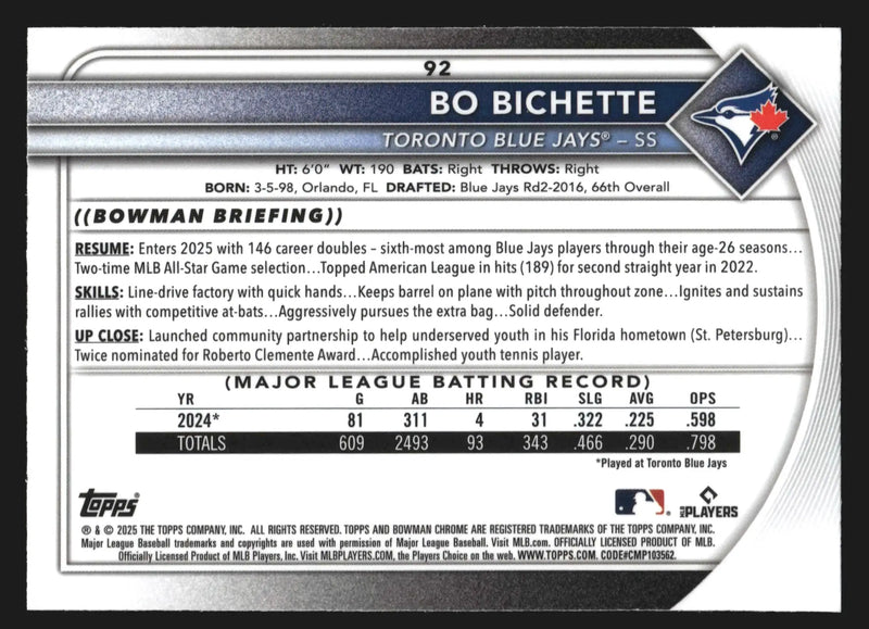 2025 Bowman Chrome #92 Bo Bichette Mega Box Mojo Refractor Blue Jays - Baseball Card Single