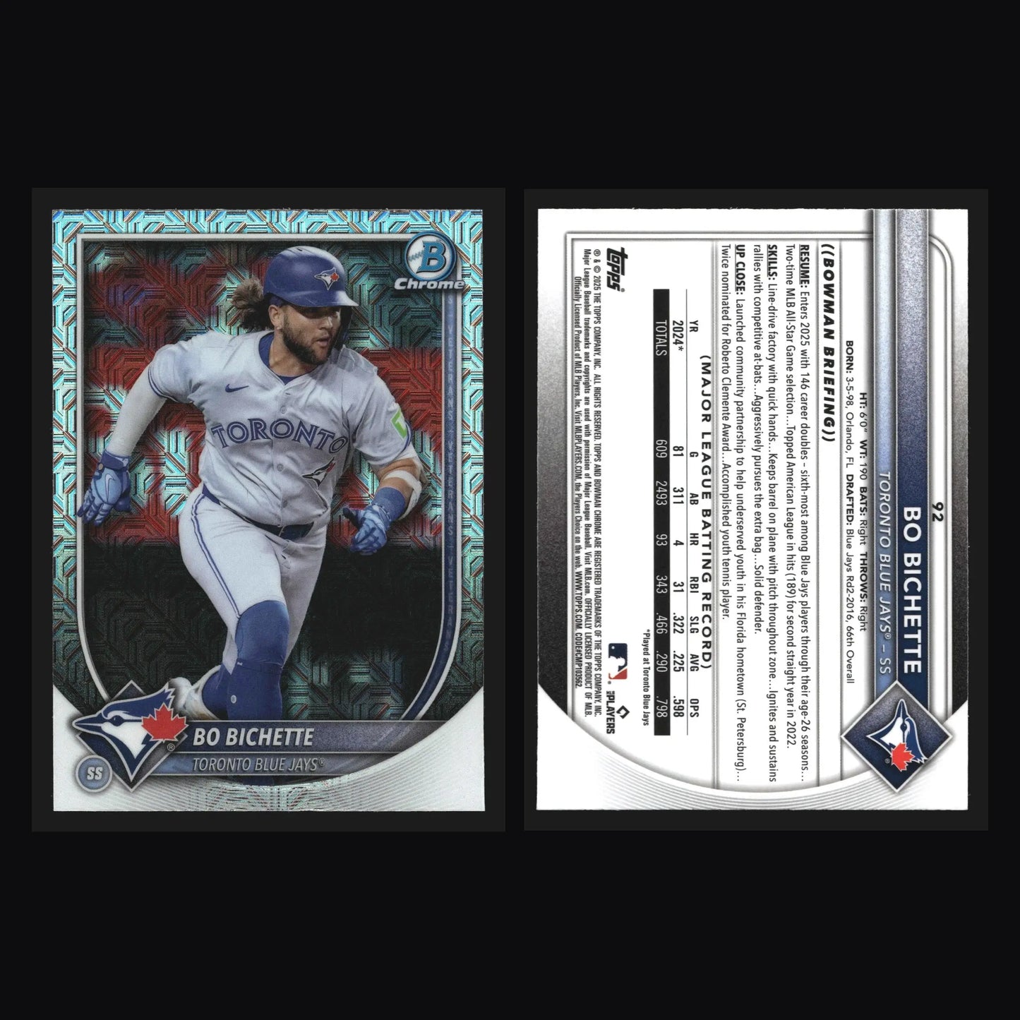 2025 Bowman Chrome #92 Bo Bichette Mega Box Mojo Refractor Blue Jays - Baseball Card Single