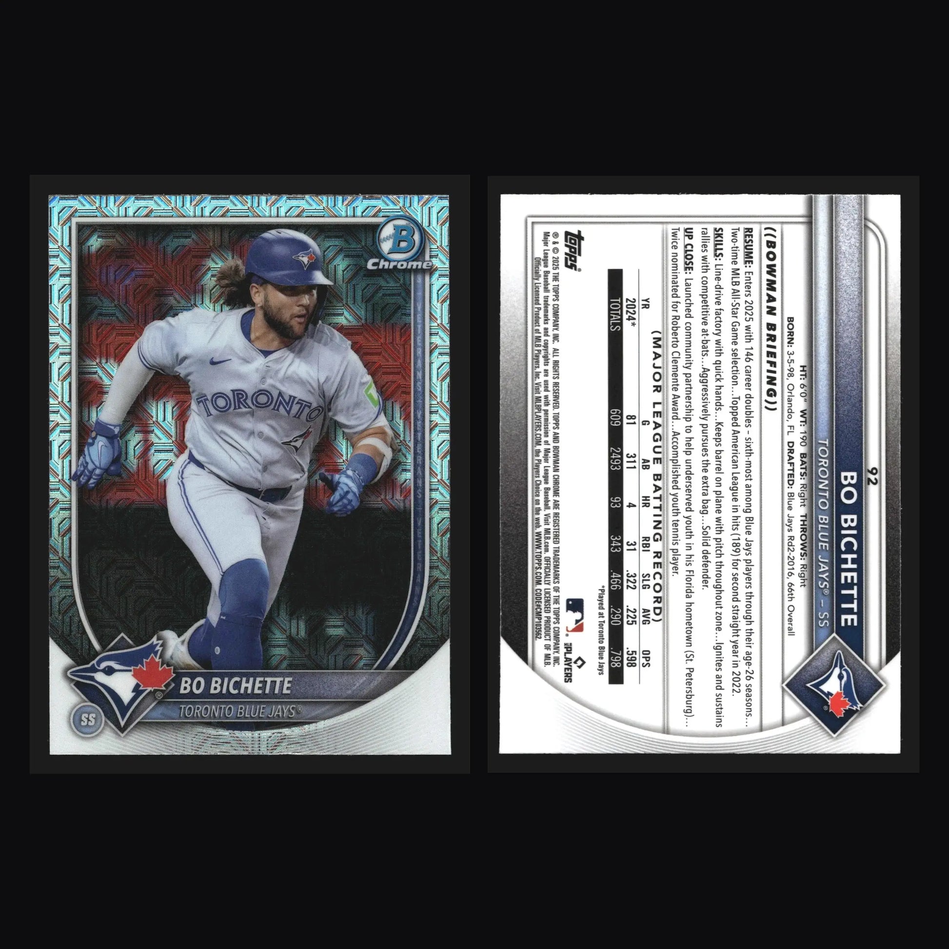 2025 Bowman Chrome #92 Bo Bichette Mega Box Mojo Refractor Blue Jays - Baseball Card Single
