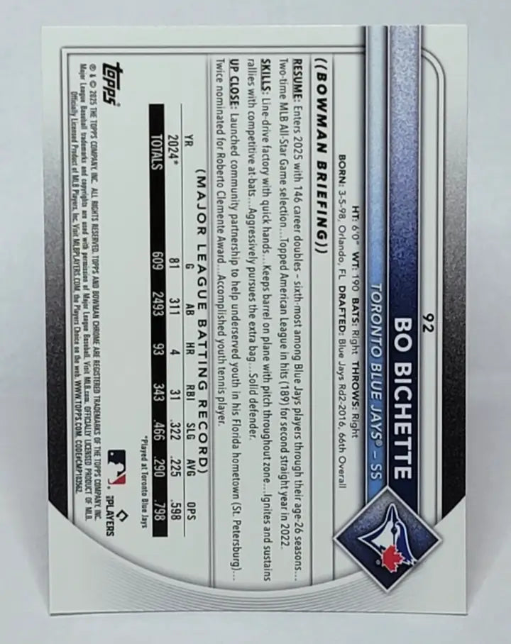 Bo Bichette baseball card from 2025 Bowman Chrome #92 with Bichette Mojo Refractor
