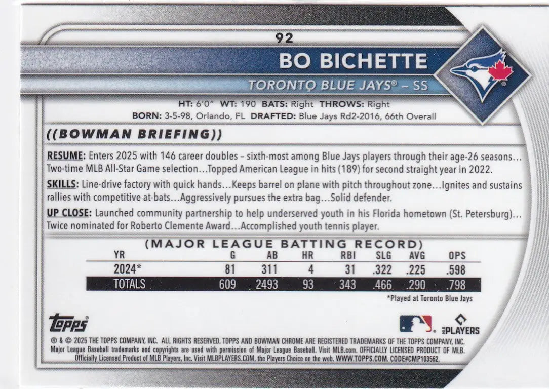 2025 BOWMAN CHROME #92 BO BICHETTE MOJO- TORONTO BLUE JAYS - Baseball Card Single