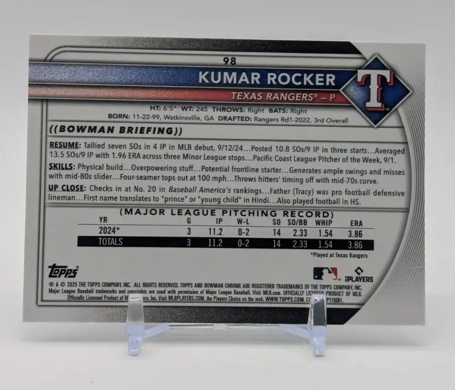 2025 BOWMAN CHROME #98 KUMAR ROCKER ROOKIE RED VARIATION RC TEXAS RANGERS - Baseball Card Single