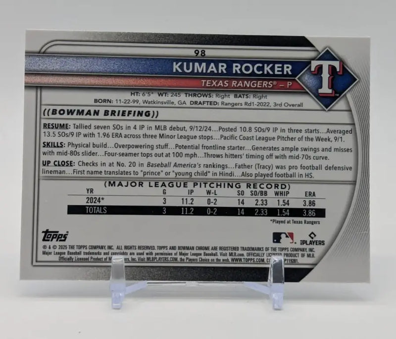 2025 BOWMAN CHROME #98 KUMAR ROCKER ROOKIE RED VARIATION RC TEXAS RANGERS - Baseball Card Single