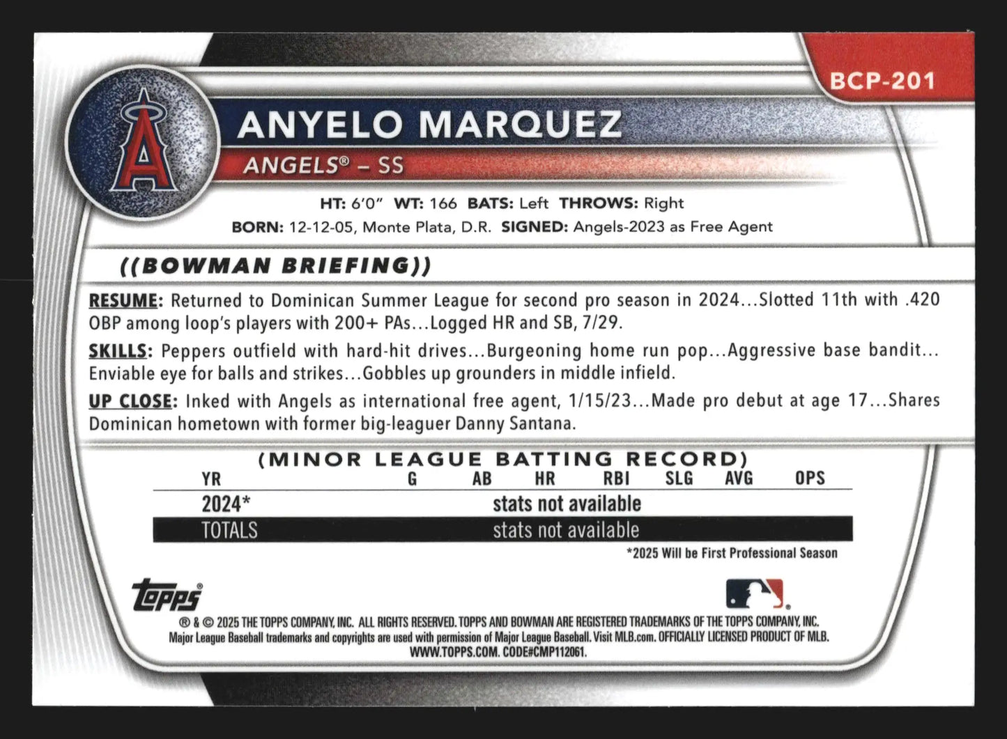 2025 Bowman Chrome Anyelo Marquez #BCP-201 1st Bowman Angels - Baseball Card Single