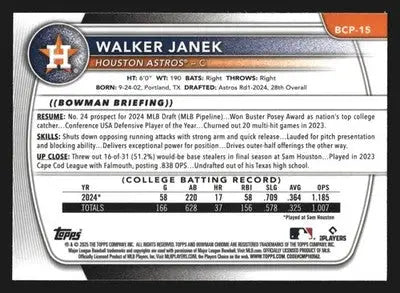 2025 Bowman Chrome #BCP-15 Walker Janek Mega Box Mojo Refractor Houston Astros - Baseball Card Single