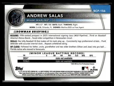 2025 Bowman Chrome #BCP-156 Andrew Salas - Baseball Card Single