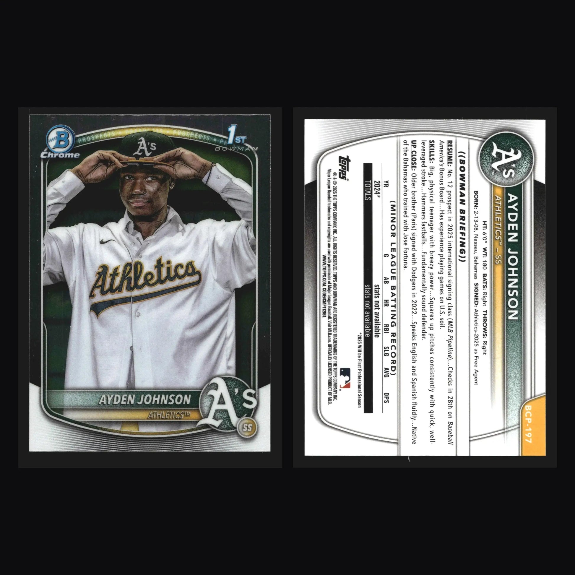 2025 Bowman Chrome #BCP-197 Ayden Johnson Athletics 1st Bowman - Baseball Card Single