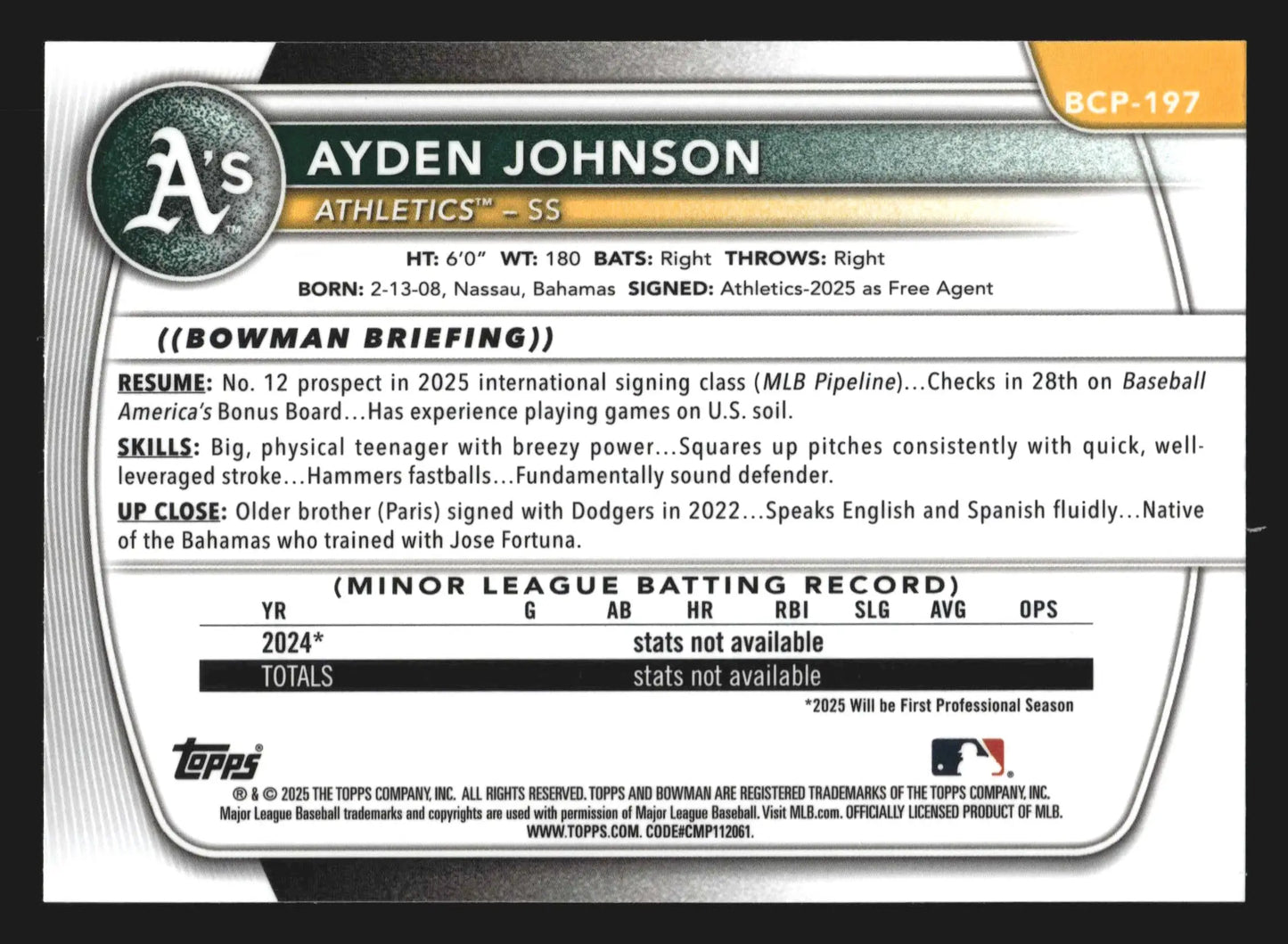 2025 Bowman Chrome #BCP-197 Ayden Johnson Athletics 1st Bowman - Baseball Card Single