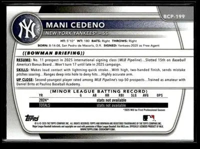 2025 Bowman Chrome #BCP-199 Mani Cedeno - Baseball Card Single