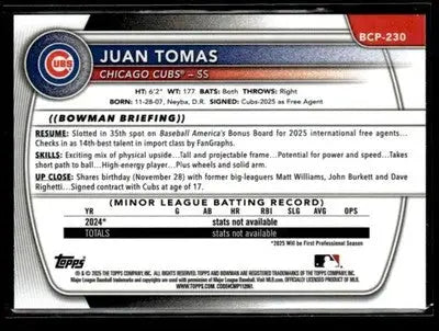2025 Bowman Chrome #BCP-230 Juan Tomas - Baseball Card Single