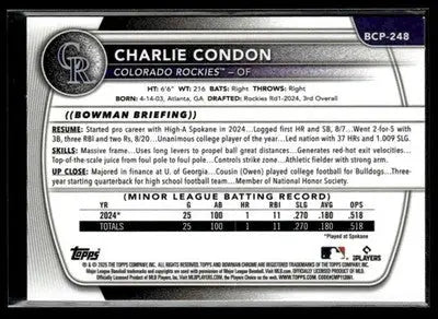 2025 Bowman Chrome #BCP-248 Charlie Condon - Baseball Card Single
