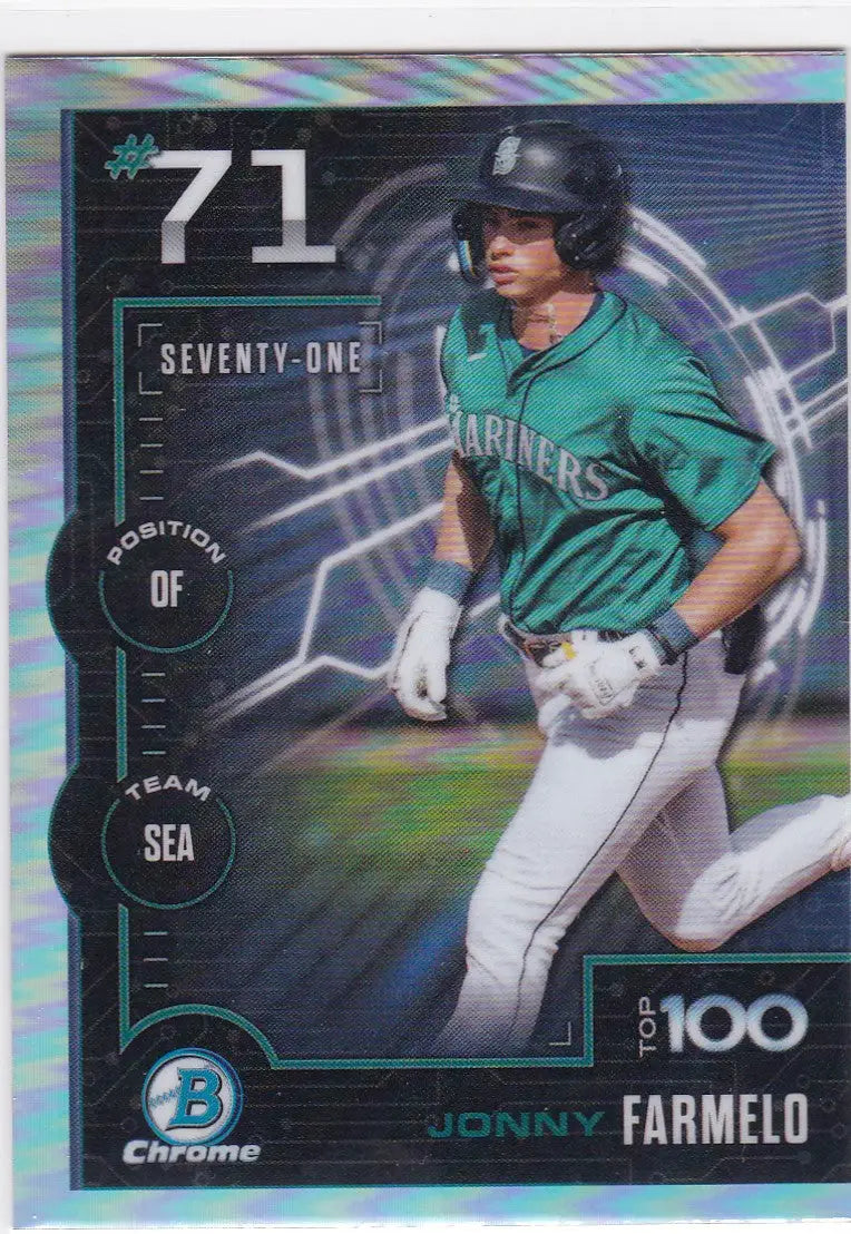 Prospect Jonny Farmelo baseball card from 2025 Bowman Chrome featuring Jonny Farmelo Seattle Mariners