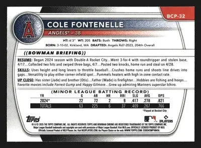 2025 Bowman Chrome Cole Fontenelle #BCP-32 1st Bowman Los Angeles Angels - Baseball Card Single