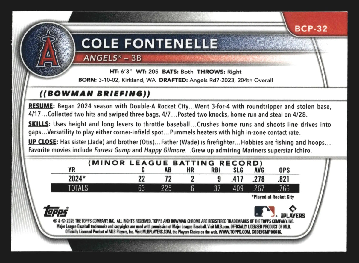 2025 Bowman Chrome Cole Fontenelle #BCP-32 Reptilian Refractor Angels - Baseball Card Single