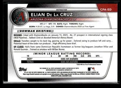 2025 Bowman Chrome #CPA-ED Elian De La Cruz Prospect Autographs Refractor #/499 - Baseball Card Single