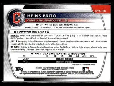 2025 Bowman Chrome #CPA-HB Heins Brito Prospect Autographs Purple Refr #177/250 - Baseball Card Single