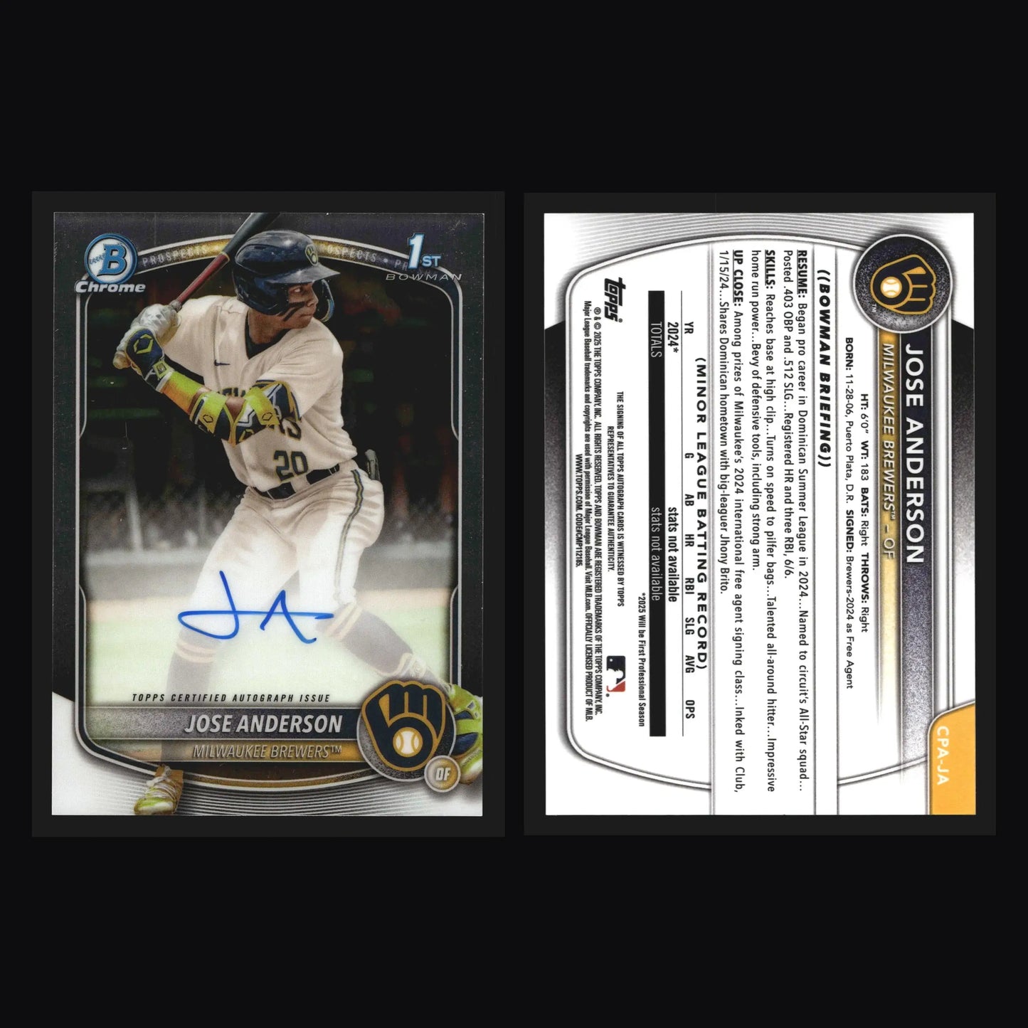 2025 Bowman Chrome #CPA-JA Jose Anderson 1st Bowman Auto On-Card Brewers - Baseball Card Single