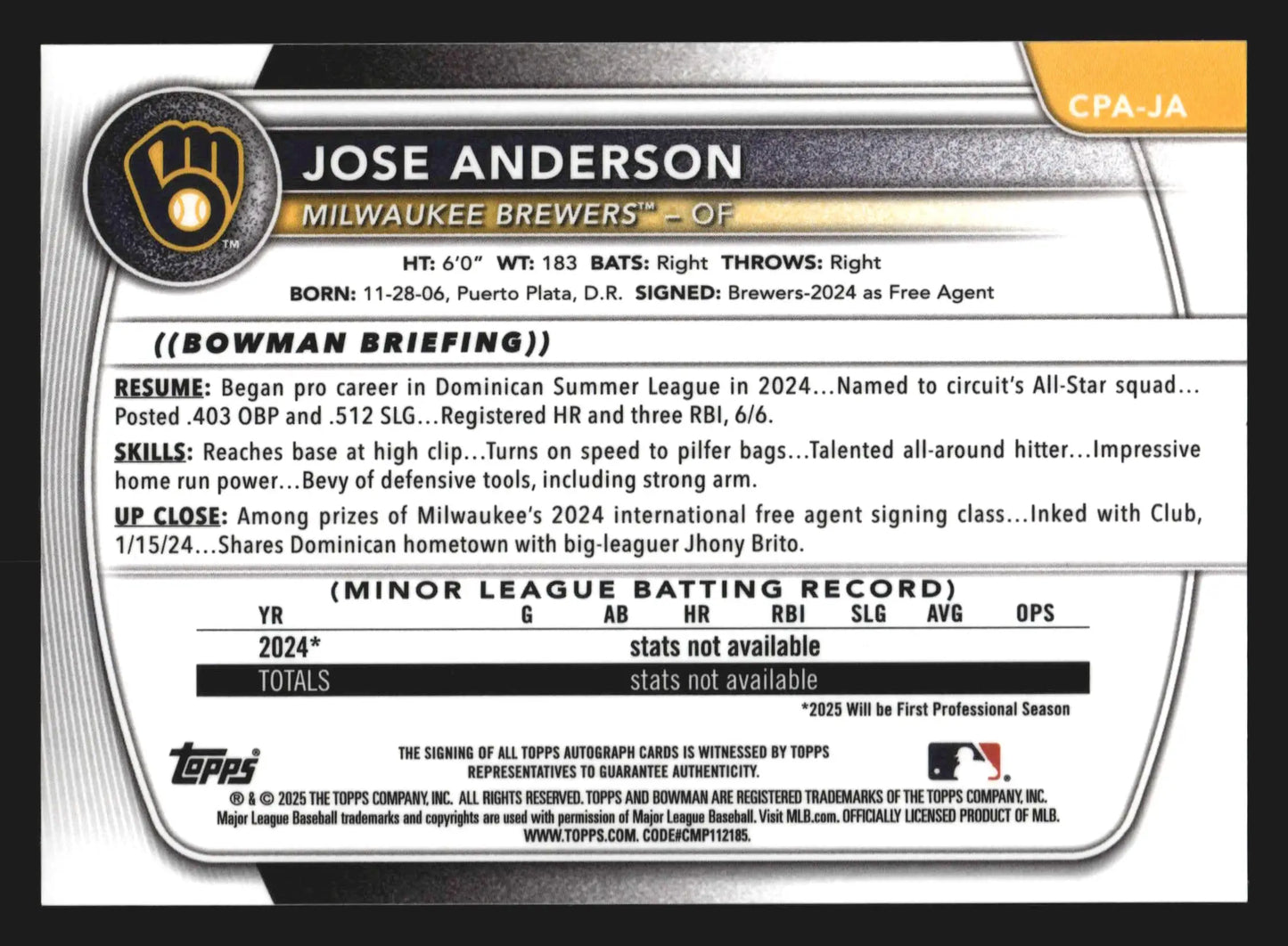 2025 Bowman Chrome #CPA-JA Jose Anderson 1st Bowman Auto On-Card Brewers - Baseball Card Single