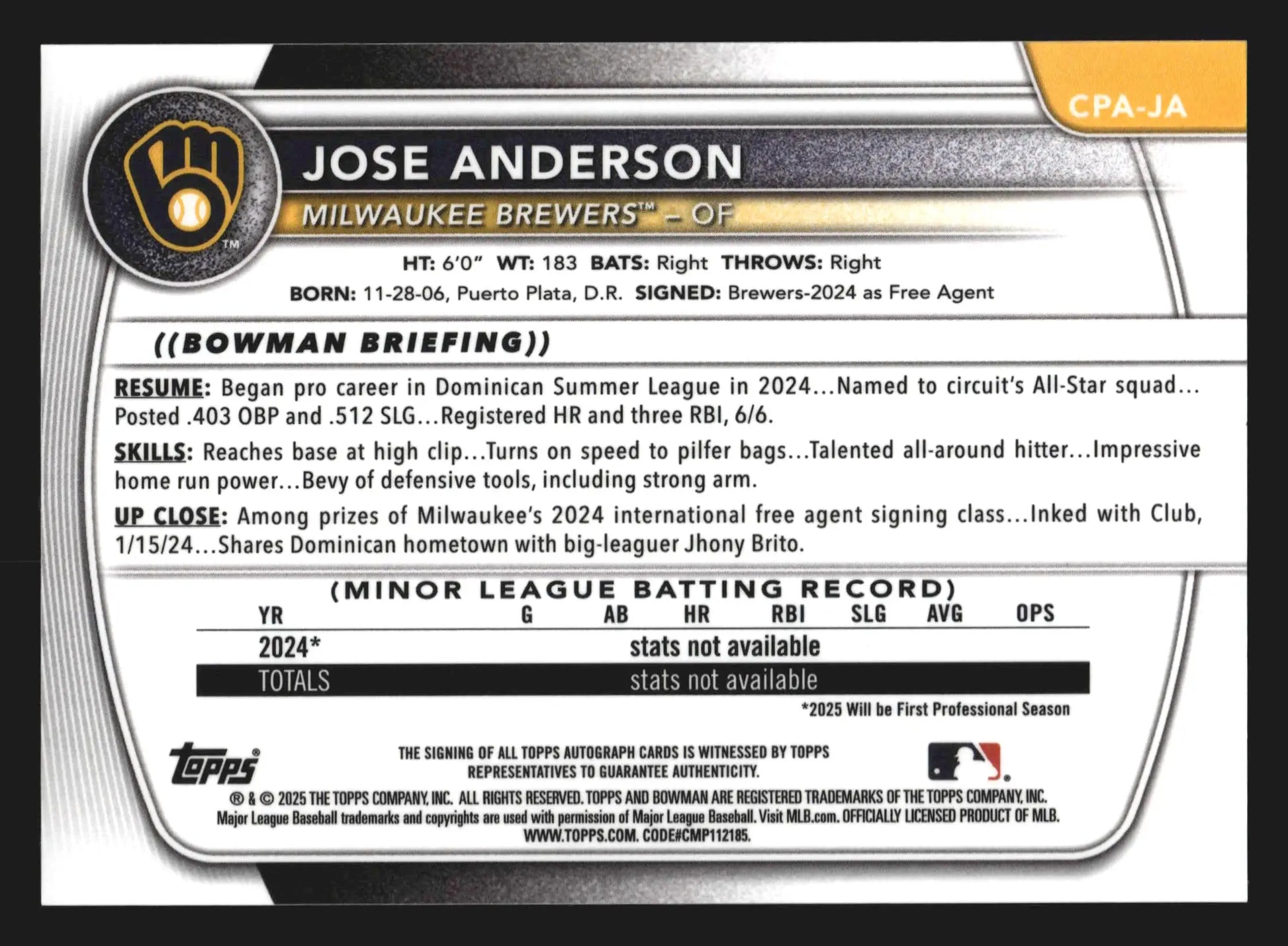 2025 Bowman Chrome #CPA-JA Jose Anderson 1st Bowman Auto On-Card Brewers - Baseball Card Single