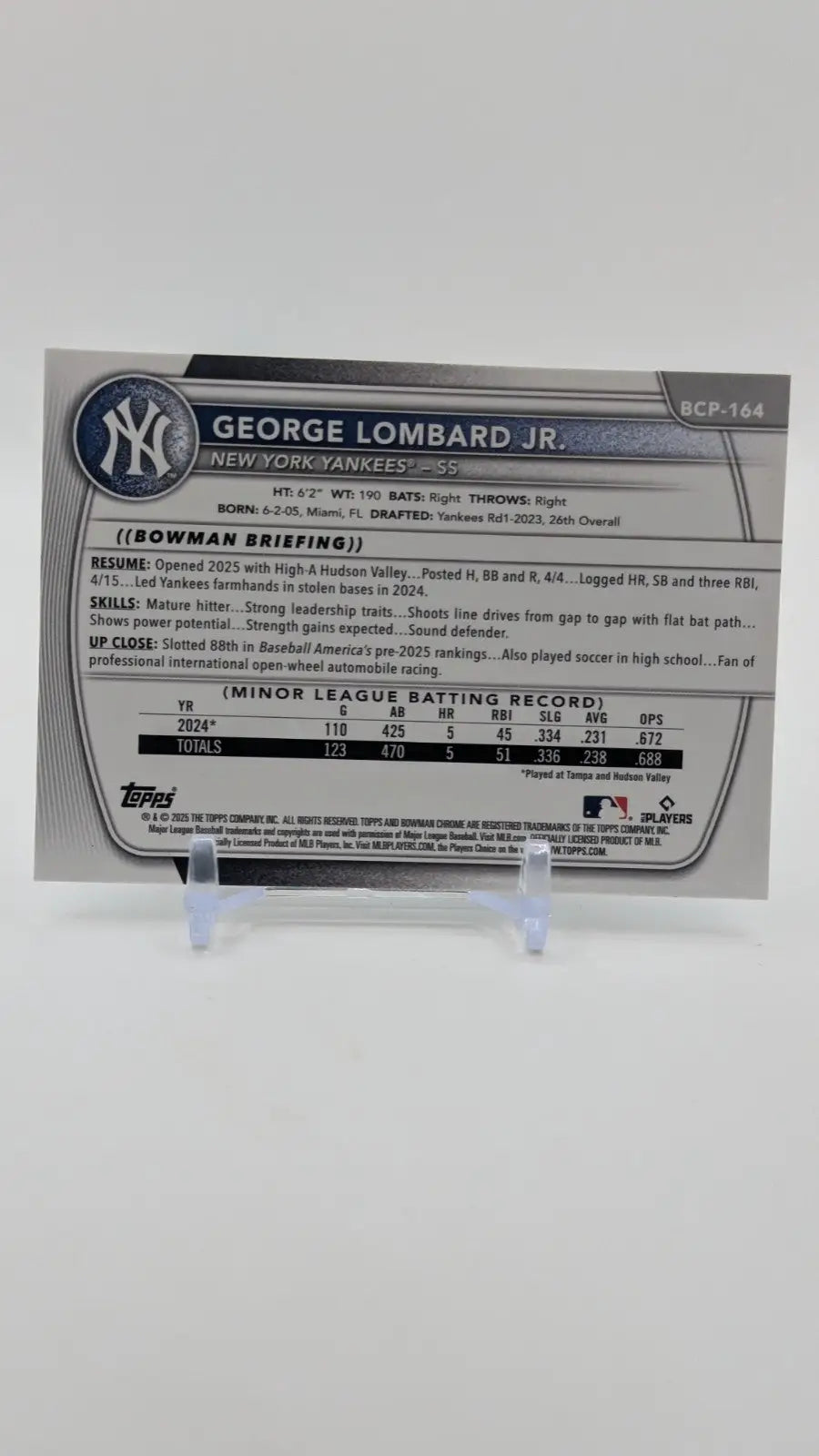 2025 Bowman Chrome George Lombard Jr. BCP-164 Mojo New York Yankees0 - Baseball Card Single