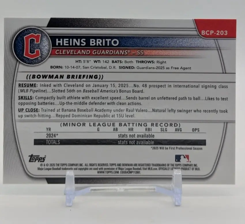 2025 Bowman Chrome Heins Brito #BCP-203 Green 99/99 Bookend! Cleveland Guardians - Baseball Card Single