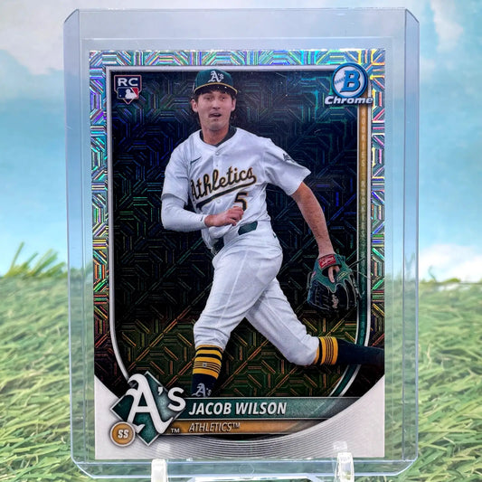 2025 Bowman Chrome Jacob Wilson Mojo Refractor Rookie baseball card displaying Jacob Wilson