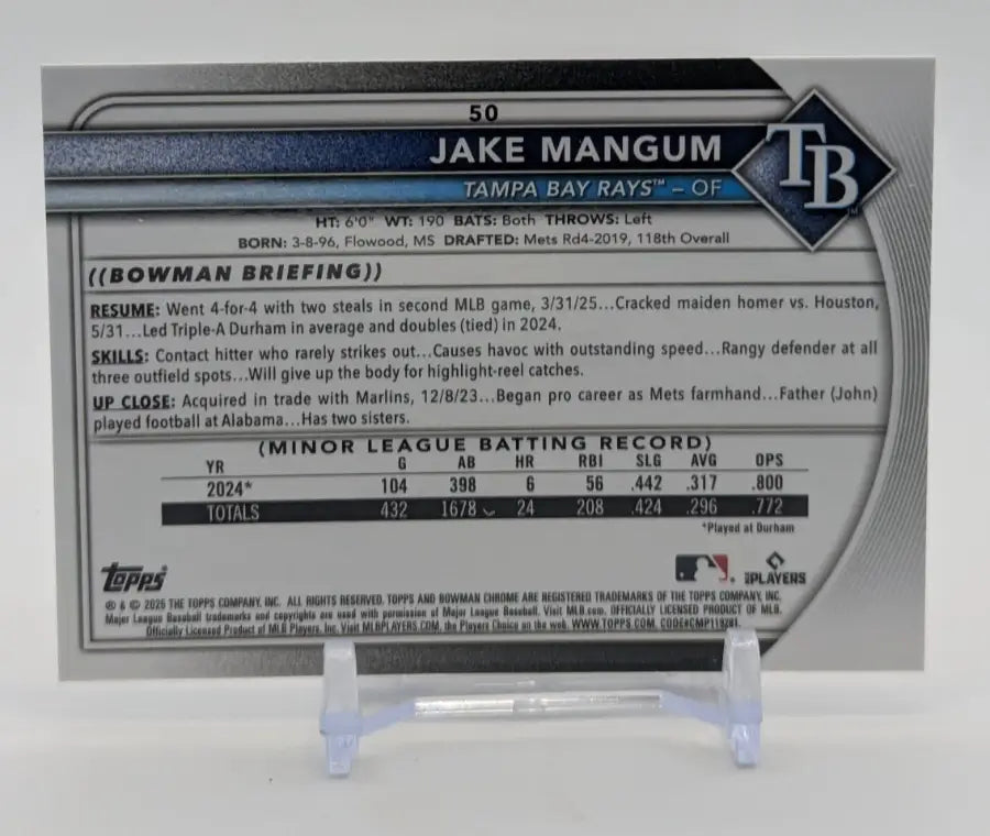 2025 Bowman Chrome Jake Mangum #50 Red Rookie Badge Tampa Bay Rays - Baseball Card Single