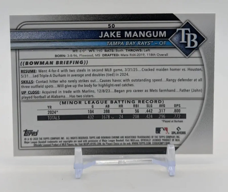 2025 Bowman Chrome Jake Mangum #50 Red Rookie Badge Tampa Bay Rays - Baseball Card Single