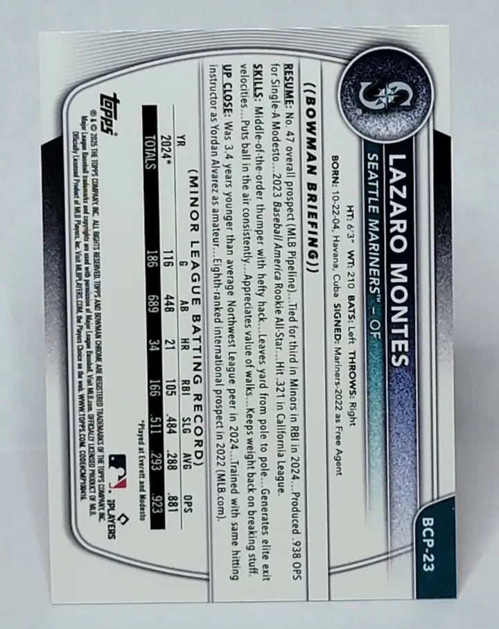 2025 Bowman Chrome Lazaro Montes #BCP-23 Reptilian Refractor-Seattle Mariners - Baseball Card Single