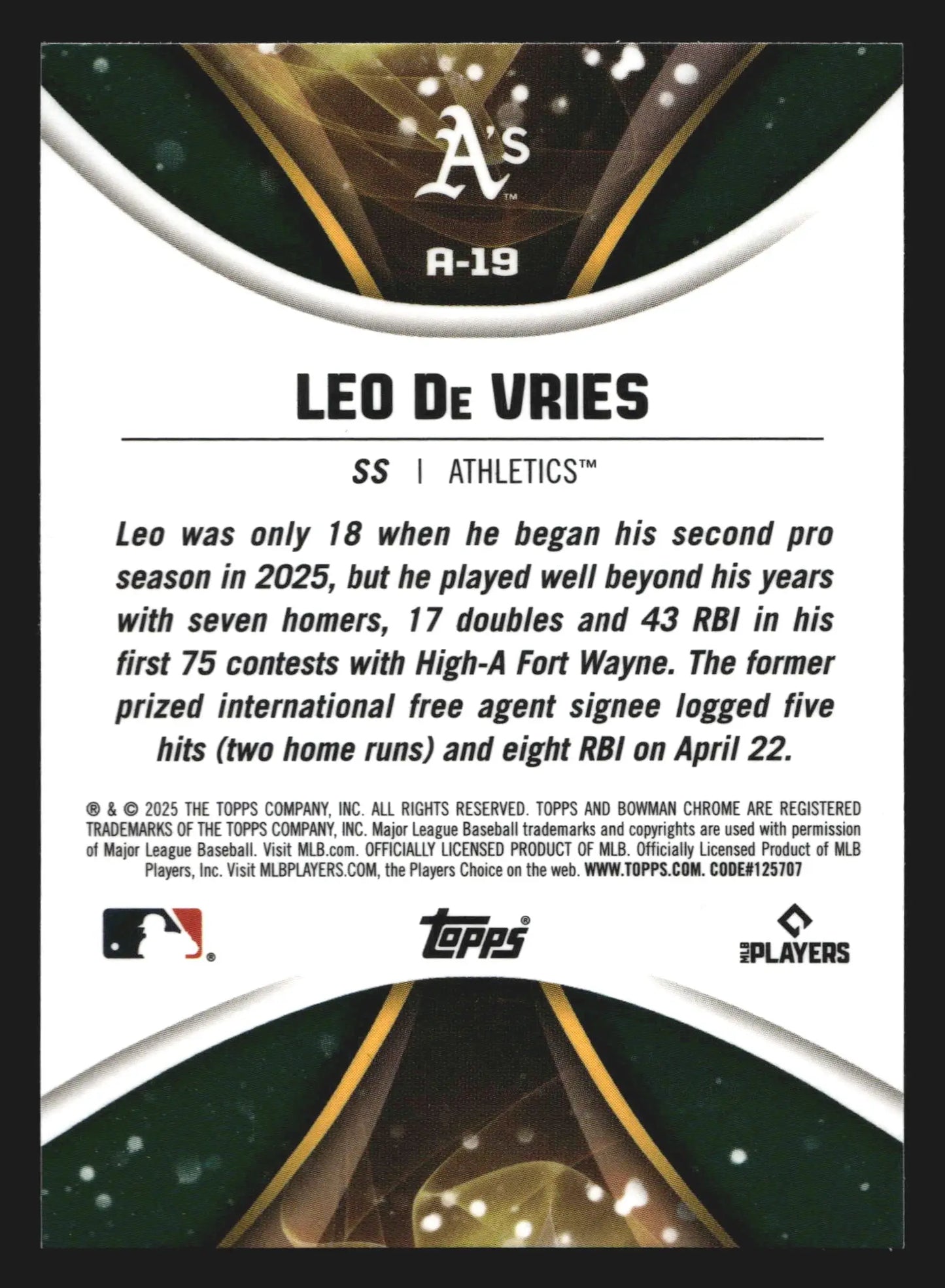 2025 Bowman Chrome Leo De Vries #A-19 Axis Insert Athletics - Baseball Card Single