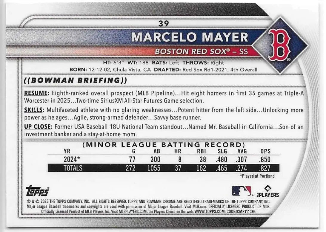 2025 Bowman Chrome Marcelo Mayer Mojo Refractor R2025 Bowman Chrome C #39 (A-6) - Baseball Card Single