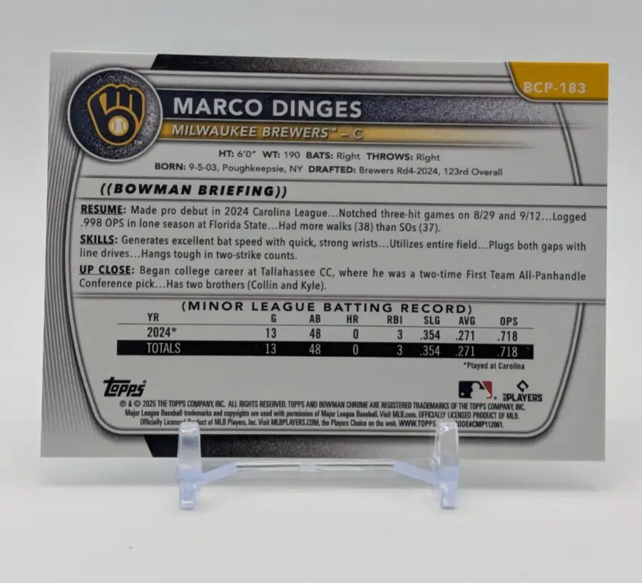 2025 Bowman Chrome Marco Dinges Laser Refractor #BCP-183 Milwaukee Bowman 1st - Baseball Card Single
