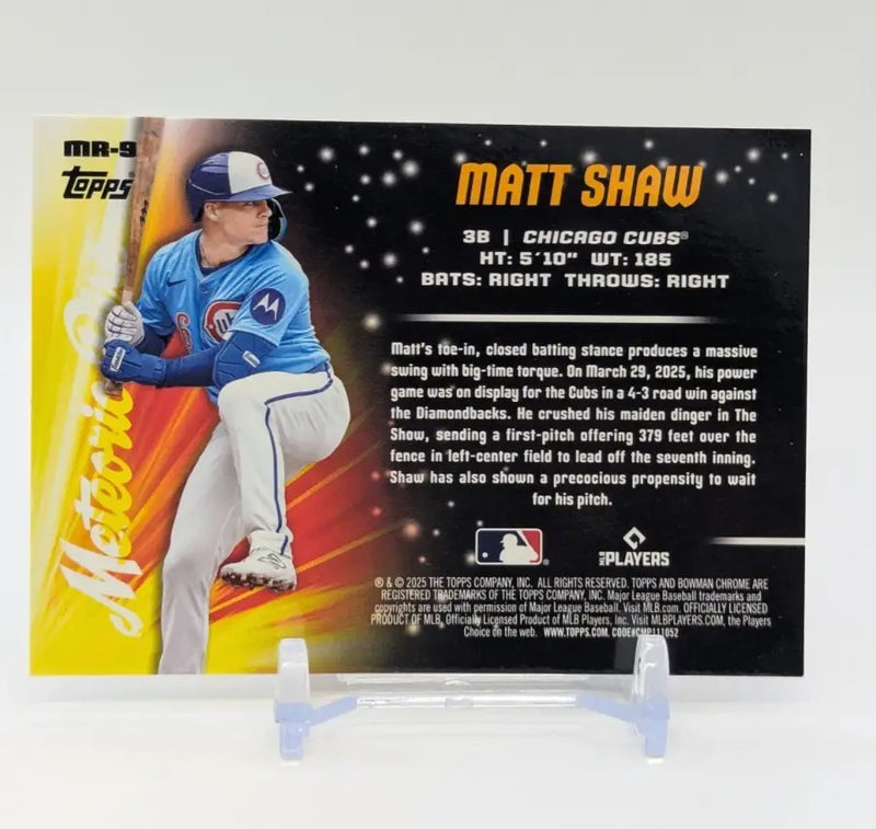 2025 Bowman Chrome Matt Shaw Rookie Meteoric Rise RC #MR-9 Cubs - Baseball Card Single