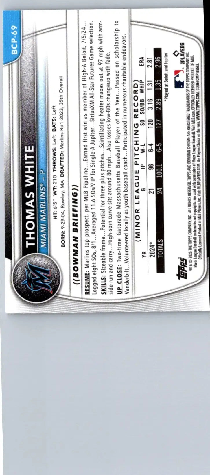 Thomas White baseball card from 2025 Bowman Chrome MCP-69 Mojo Refractor collection