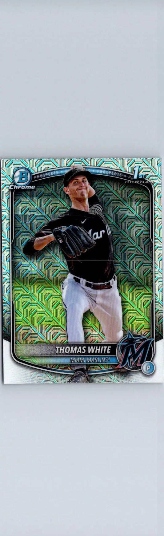 Baseball trading card featuring Thomas White from 2025 Bowman Chrome MCP-69 Mojo Refractor