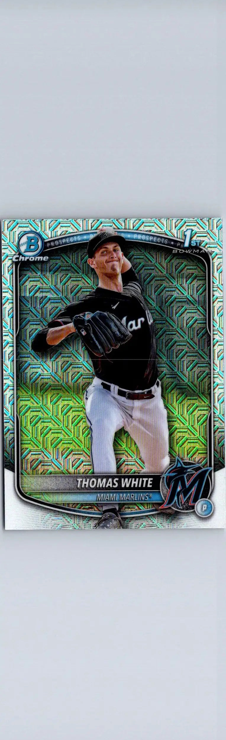 Baseball trading card featuring Thomas White from 2025 Bowman Chrome MCP-69 Mojo Refractor