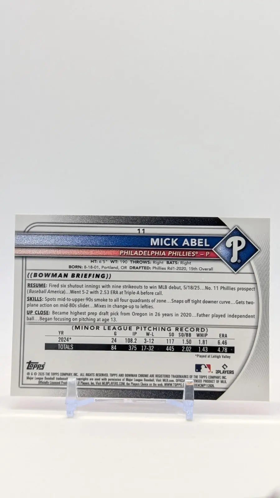 Baseball card for Mick Abel from 2025 Bowman Chrome Mick collection, Chrome Mick Abel card
