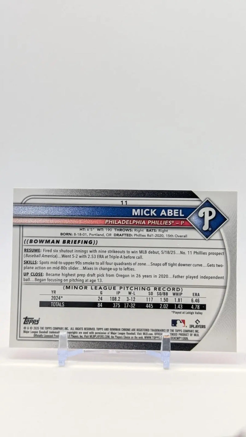Baseball card for Mick Abel from 2025 Bowman Chrome Mick collection, Chrome Mick Abel card