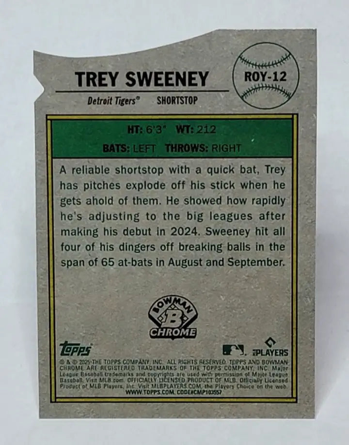 Trey Sweeney baseball card from 2025 Bowman Chrome Mojo Rookie of the Year Favorites series
