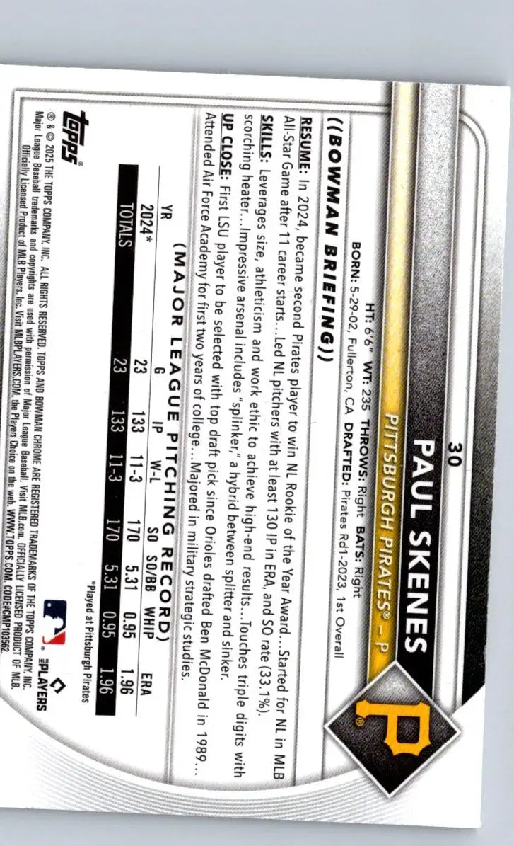 Baseball card back featuring Paul Skenes from 2025 Bowman Chrome Mojo Refractor