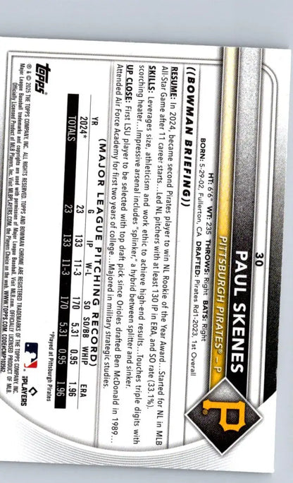 Baseball card back featuring Paul Skenes from 2025 Bowman Chrome Mojo Refractor