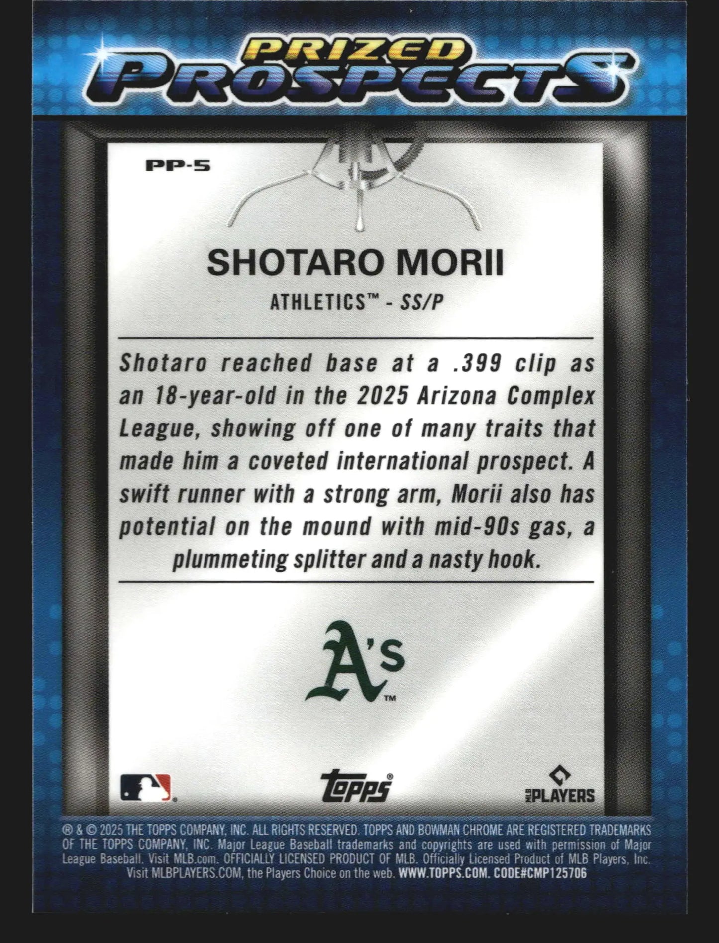 2025 Bowman Chrome Prized Prospects #PP-5 Shotaro Morii Athletics