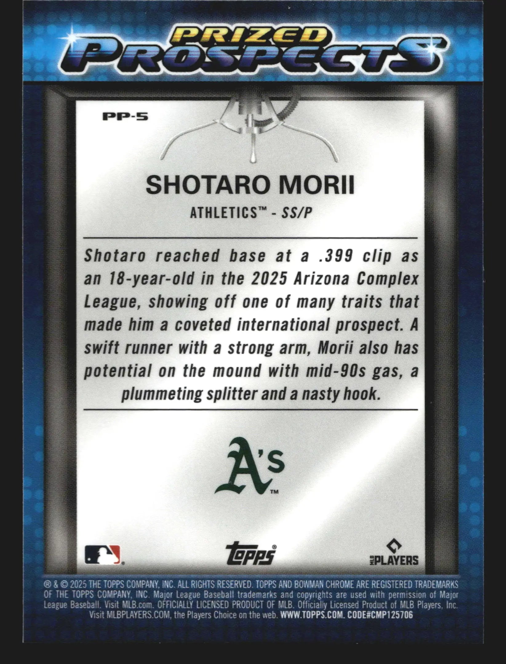 2025 Bowman Chrome Prized Prospects #PP-5 Shotaro Morii Athletics